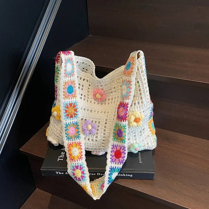 Boho Crochet Shoulder Bag – Floral Knit Large Tote