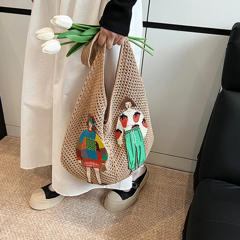 Crochet Knit Shoulder Tote Bag with Embroidery – Large Capacity