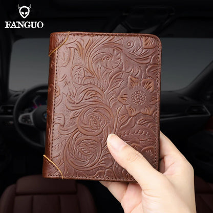 Genuine Leather RFID Blocking Wallet – Floral Embossed Bifold with Card Windows