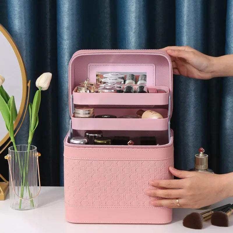 Large Makeup Organizer Box for Women – Professional Cosmetic Case with Mirror