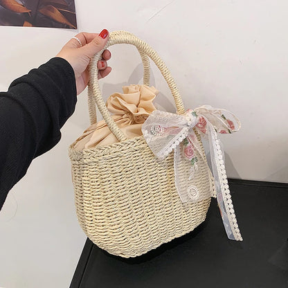 Straw Bucket Bag for Women – Handmade Bohemian Beach Tote