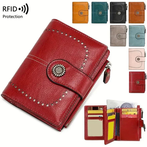 RFID Blocking Women's Vintage Bifold Wallet – Multi-Card Zip