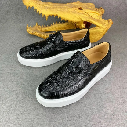 Crocodile Leather Men's Slip-On Loafers – Black Casual Flat Shoes