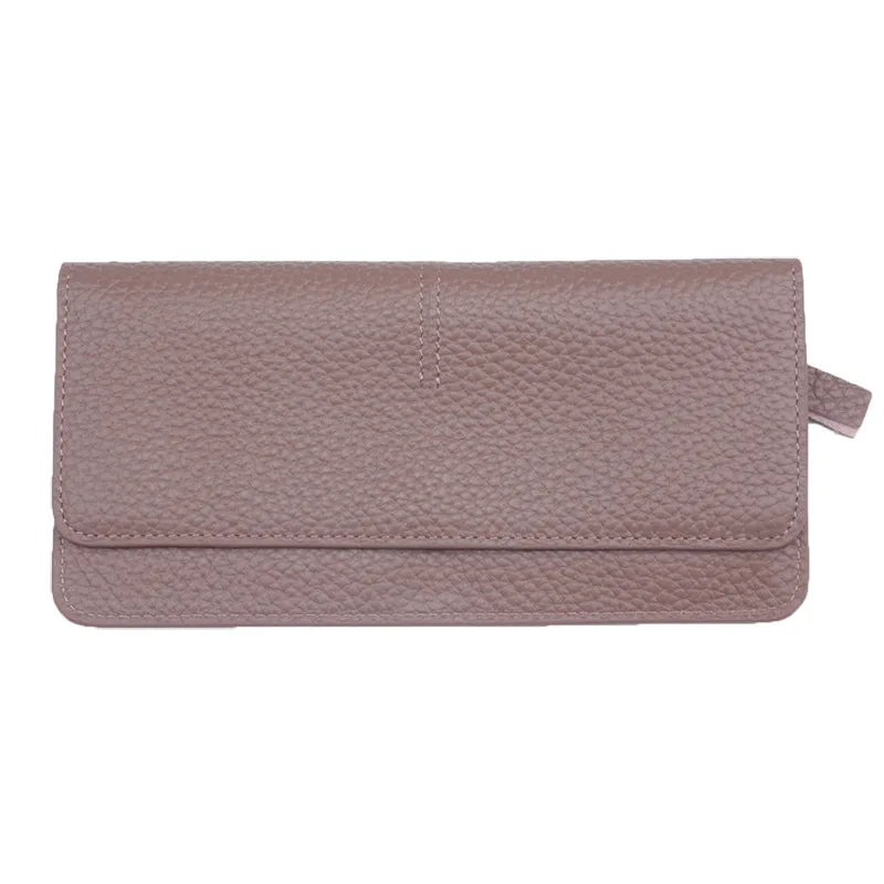 Women's Genuine Leather Long Wallet – Slim Flat Cowhide Purse with Card Slots