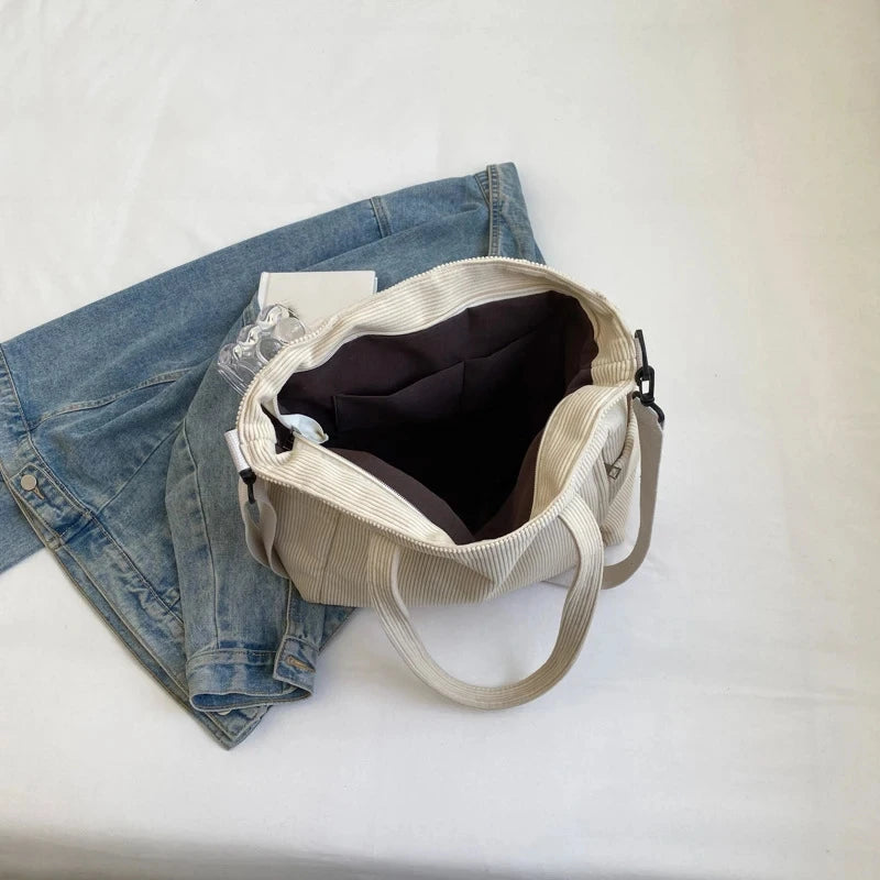 Velvet Corduroy Shoulder Bag – Large Capacity Striped Handbag