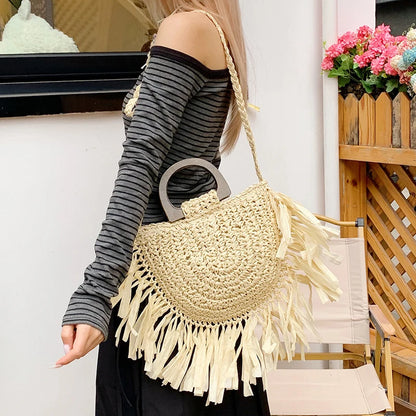 Tassel Straw Shoulder Bag Women's Bohemian Rattan Handbag
