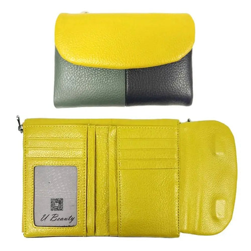 Patchwork Genuine Cowhide Leather Trifold Wallet with Magnetic Closure