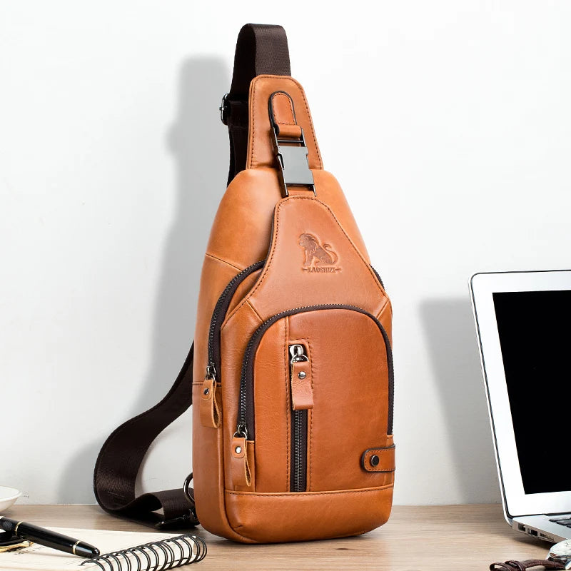 Men's Genuine Leather Sling Bag with USB Charging Port