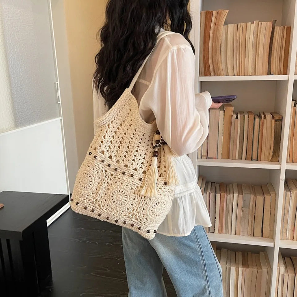 Boho Crochet Tote Bag with Bead & Tassel Charm
