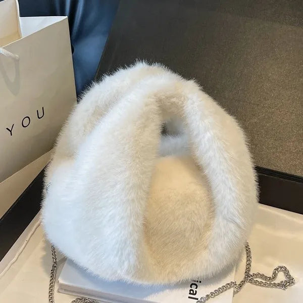 Plush Faux Fur Bucket Bag – Women's Chain Crossbody Handbag