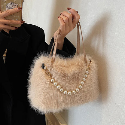 Fluffy Plush Crossbody Bag with Pearl Chain Handle
