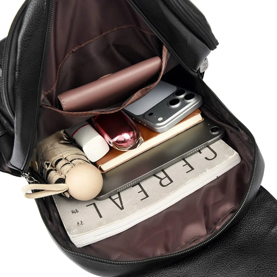 Women's PU Leather Backpack – Large Capacity Multi-Pocket School Bag