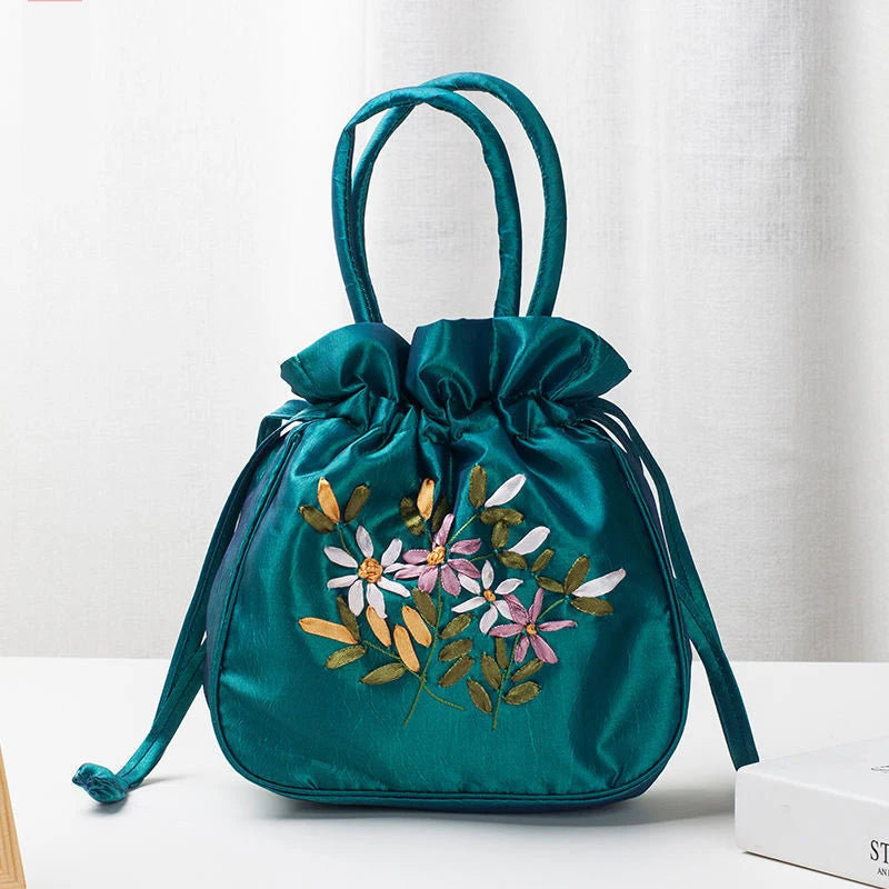 Embroidered Drawstring Handbag – Floral Satin Bucket Bag