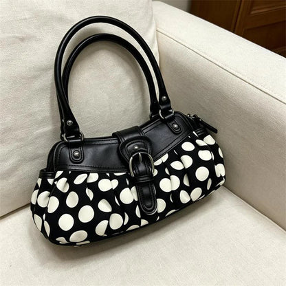 Polka Dot Shoulder Bag – Vintage Y2K Pleated Handbag with Belt Buckle
