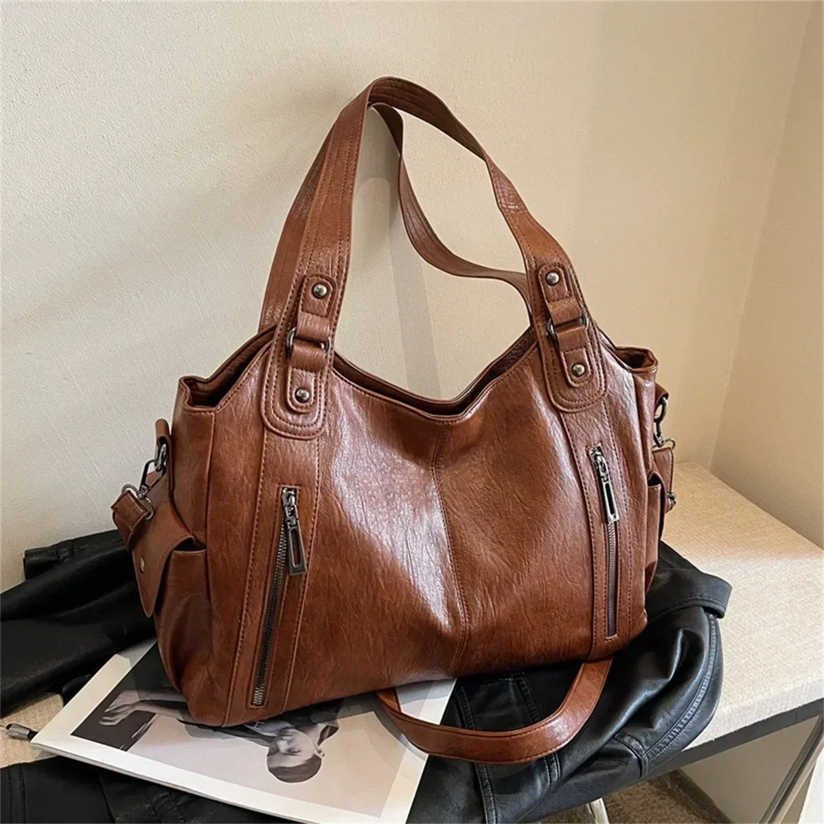 Women's PU Leather Shoulder Bag with Zipper Pockets
