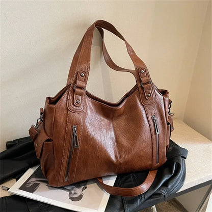 Women's PU Leather Shoulder Bag with Zipper Pockets