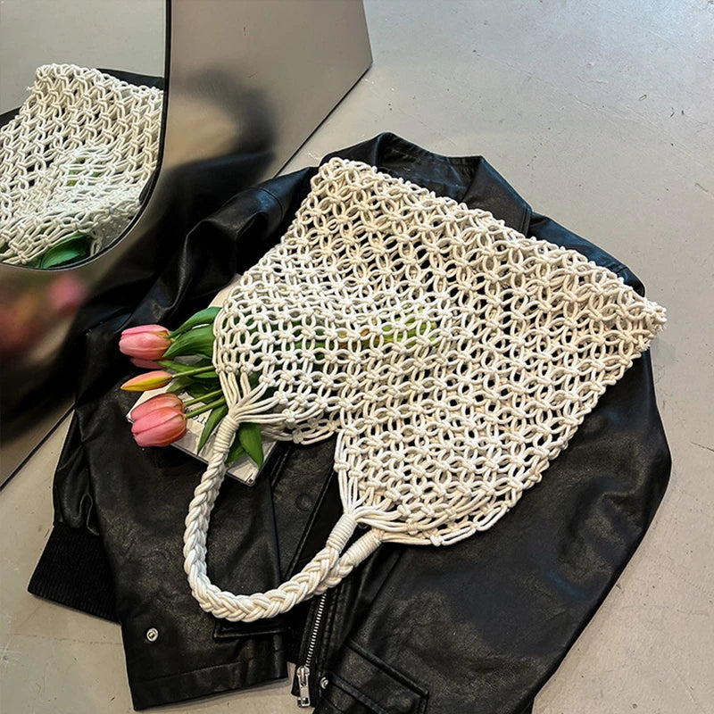Boho Woven Tote Bag – Handmade Hollow Knit Beach Handbag