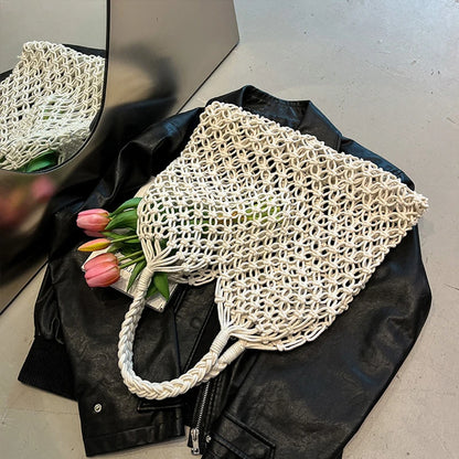 Boho Woven Tote Bag – Handmade Hollow Knit Beach Handbag