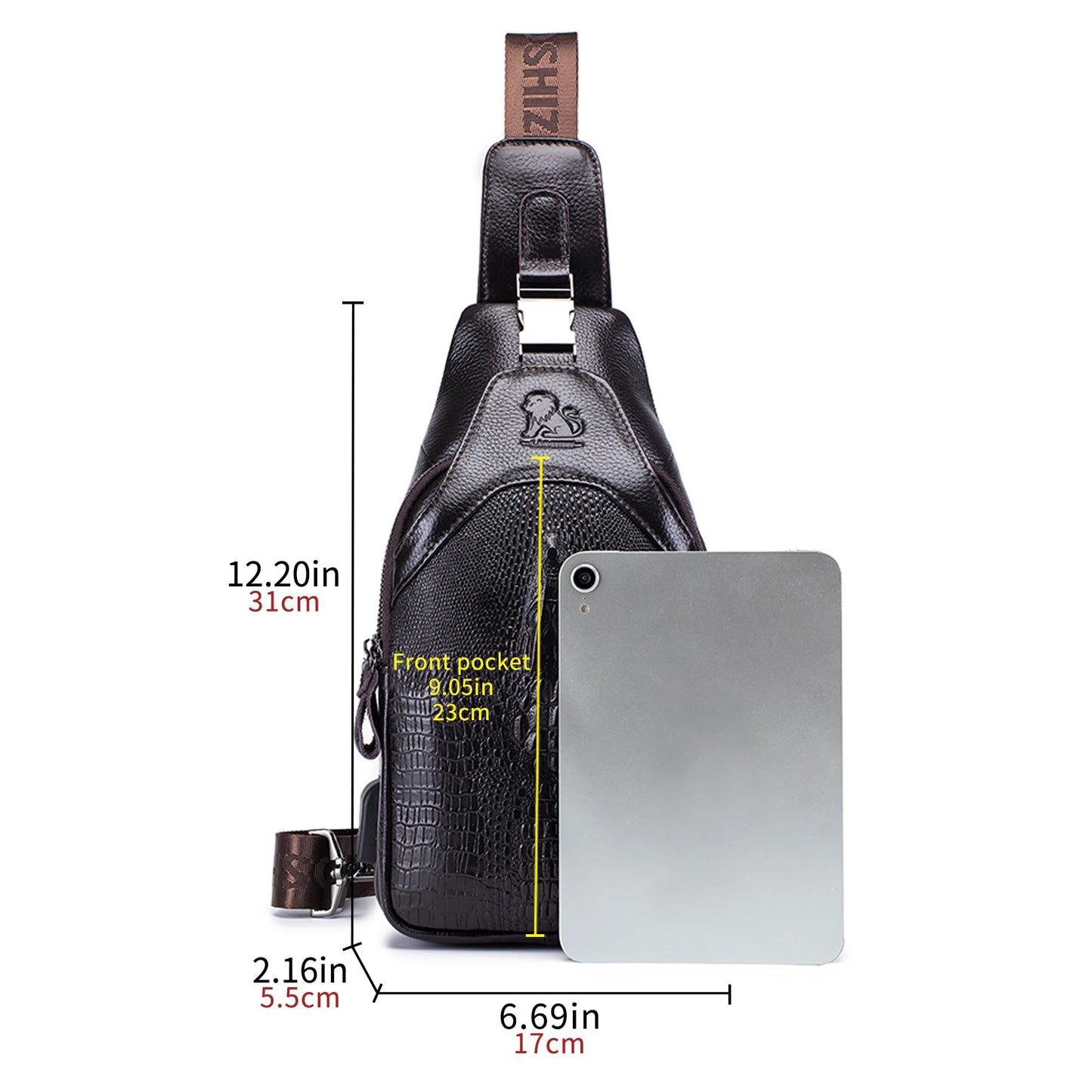 Men's Leather Chest Bag – Crocodile Pattern Sling with USB Charging