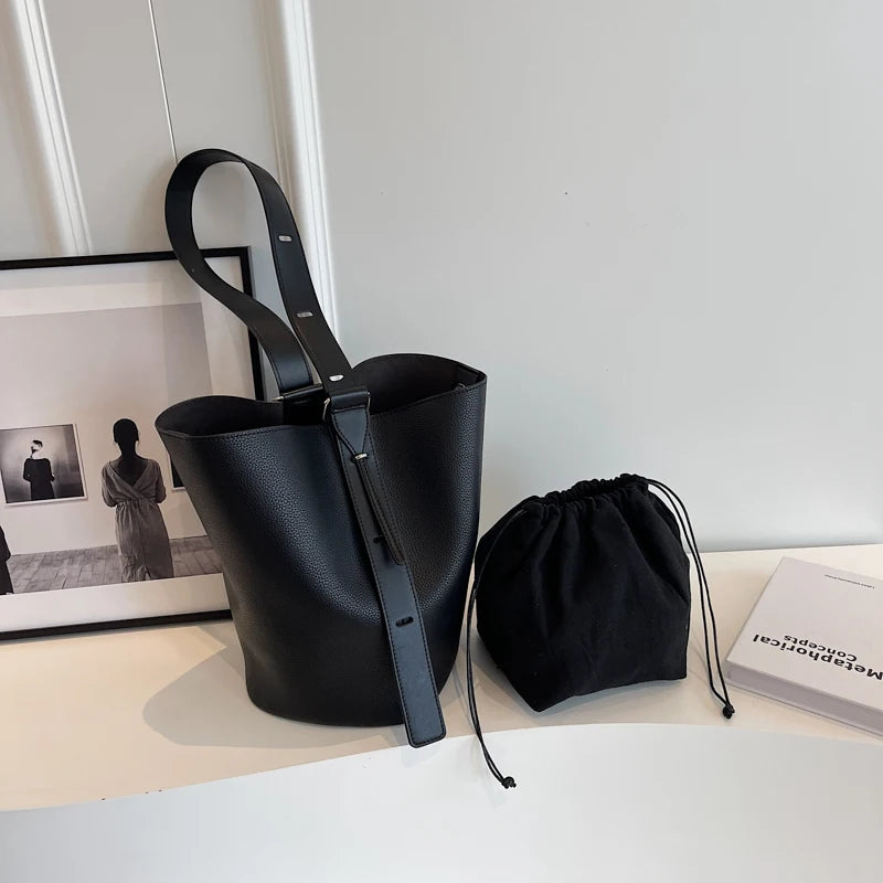 Moods Retro Shoulder Bucket Bag Sets Women 2-In-1 Solid Color Large Capacity Cross Body Shopper