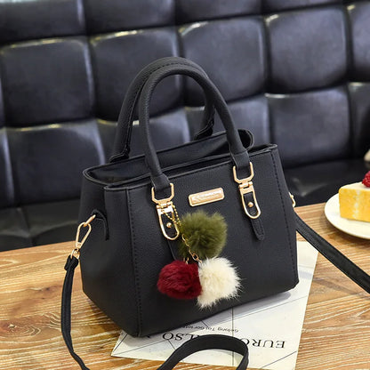 PU Leather Handbag for Women – Crossbody Bag with Fur Ball Charm