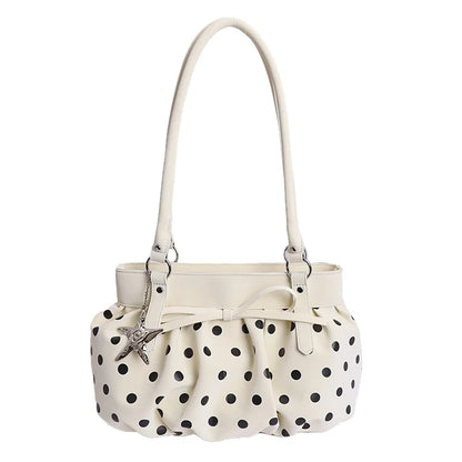 Polka Dot Ruched Shoulder Bag Star Pendant Women Bow Decor Large Capacity Hobo Retro Versatile