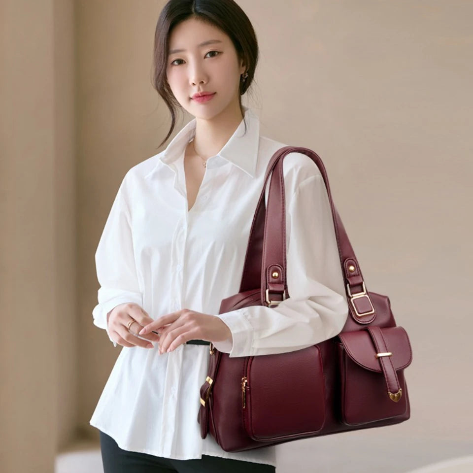 Leather Tote Handbag with Dual Front Pockets & Arrow Hardware