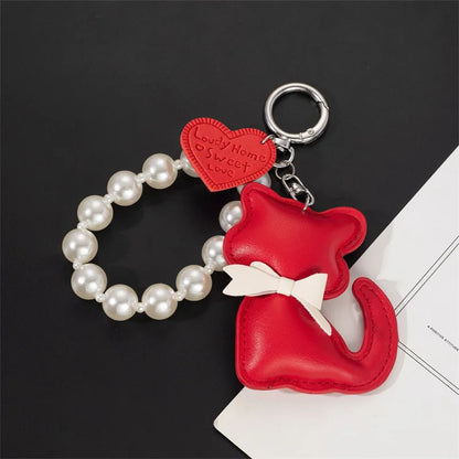 Cute Cat Leather Keychain with Pearl Bracelet & Bow