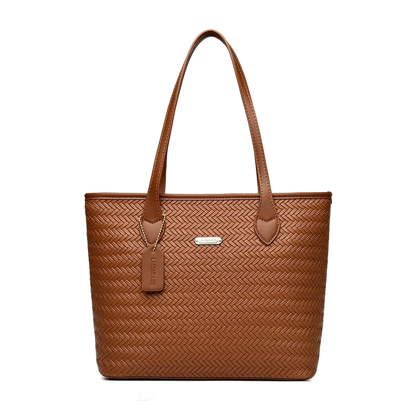 Women's Woven Texture Tote Bag – Large PU Leather Shoulder Work Bag