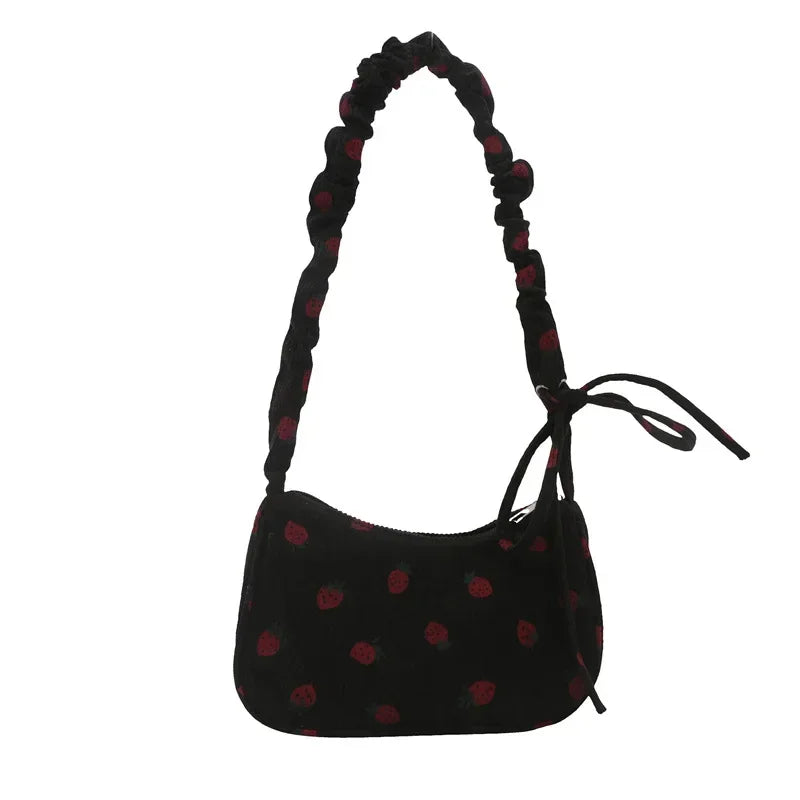 Strawberry Print Corduroy Shoulder Bag – Cute Women's Underarm Tote