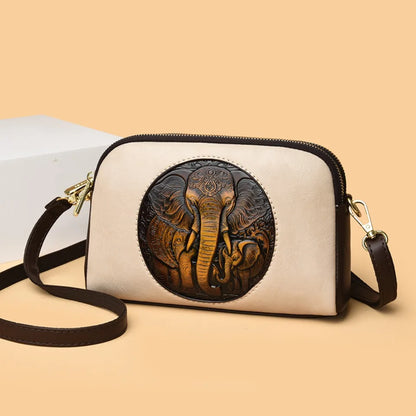 Vintage Elephant Embossed Leather Crossbody Bag for Women – Retro Messenger