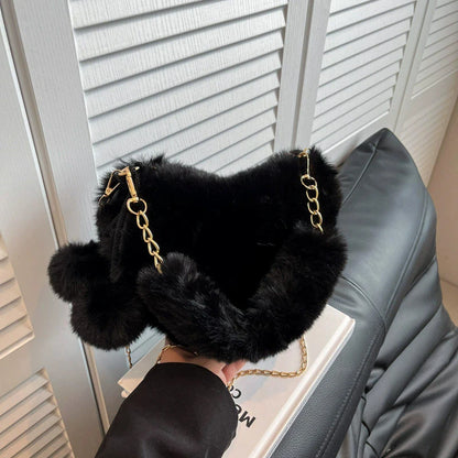 Fluffy Heart Shaped Fur Bag – Cute Plush Shoulder Bag with Chain Strap