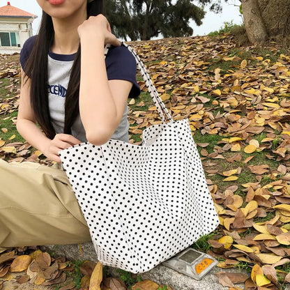 Polka Dot Canvas Tote Bag – Retro Large Capacity Shoulder Bag