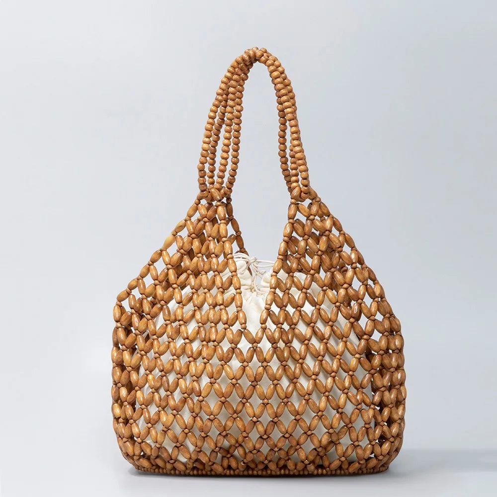 Wood Bead Tote Bag – Women's Handwoven Beach Handbag