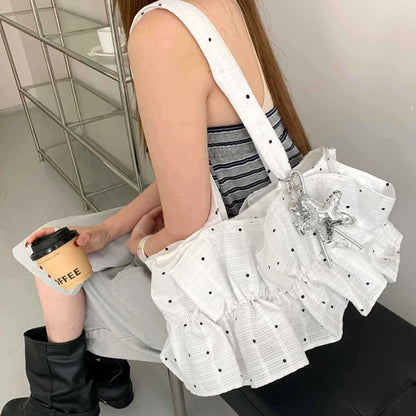 Korean Style Polka Dot Ruffle Shoulder Bag Women S Large Capacity Tote Magnetic Buckle Design