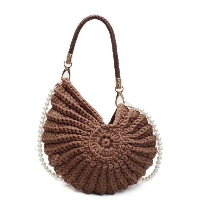Crochet Conch Shoulder Bag with Pearl Chain – Handmade Woven Bag