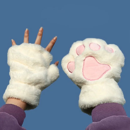 Winter Gloves Women Bear Plush Cat Paw Claw Cute Kitten Fingerless Mittens Christmas Halloween Girls