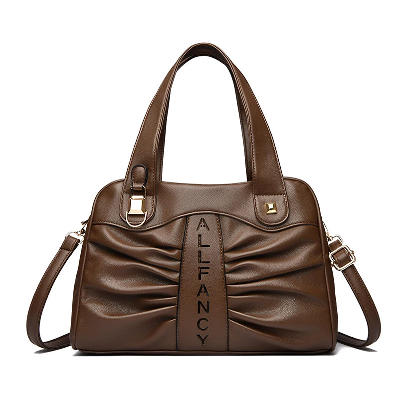 Ruched Vegan Leather Handbag with Top Handle & Crossbody Strap