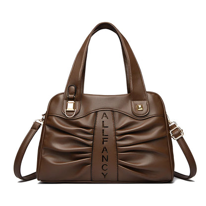Ruched Vegan Leather Handbag with Top Handle & Crossbody Strap