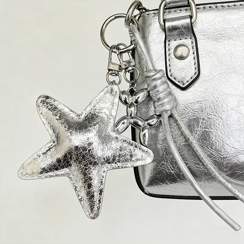 Leather Star Bag Charm Keychain with Braided Rope