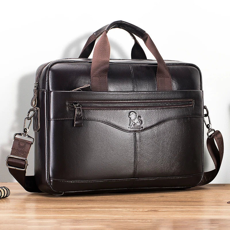Genuine Leather Briefcase for Men – 14" Laptop Bag, Large Capacity