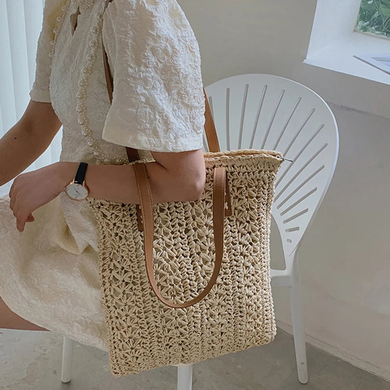 Straw Beach Bag Handwoven Tote with Leather Straps