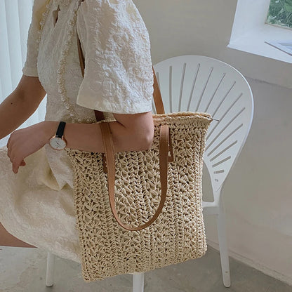 Straw Beach Bag Handwoven Tote with Leather Straps