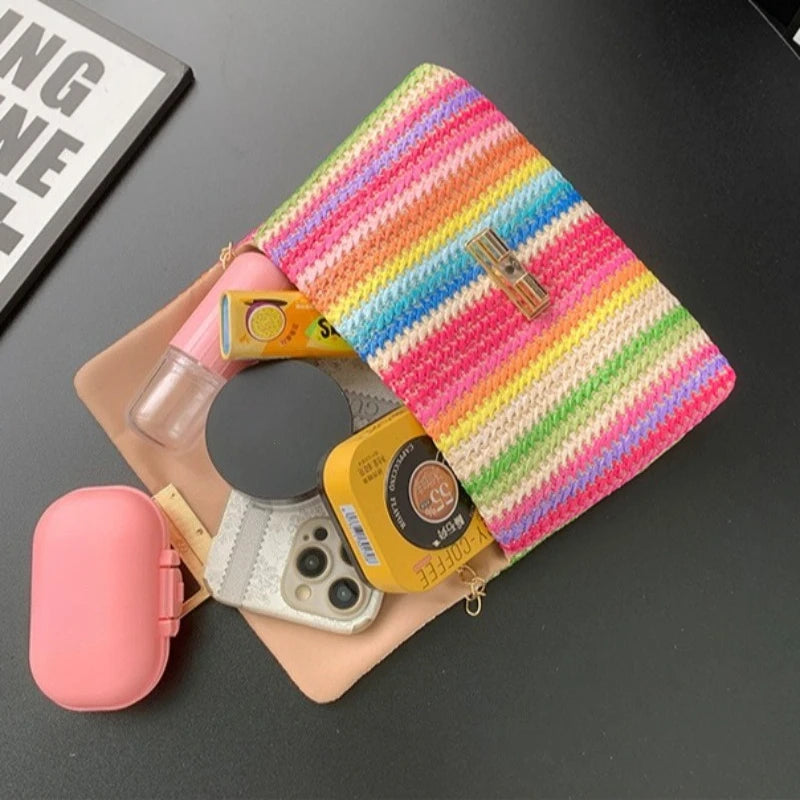 Rainbow Stripe Straw Crossbody Bag for Women – Chain Flap Handbag