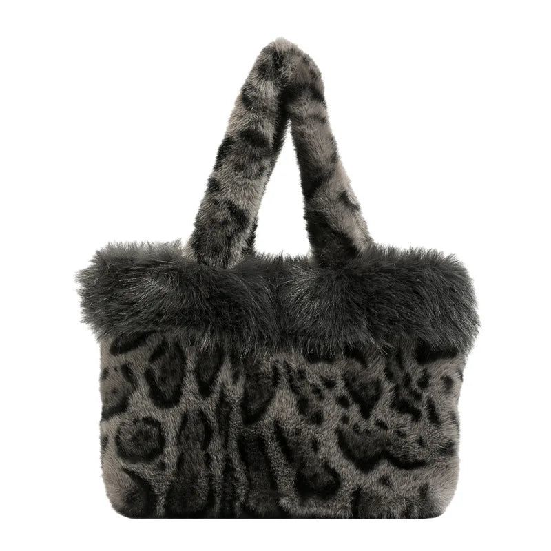 Autumn Winter Leopard Print Tote Bag Shoulder Hair Large Capacity Messenger Plush Student