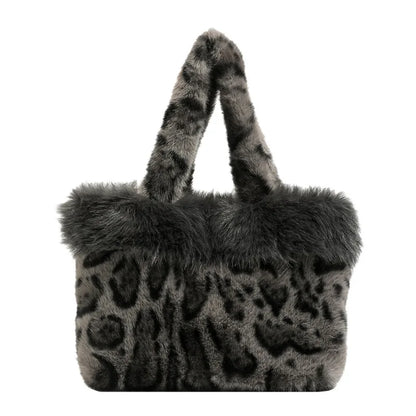 Autumn Winter Leopard Print Tote Bag Shoulder Hair Large Capacity Messenger Plush Student