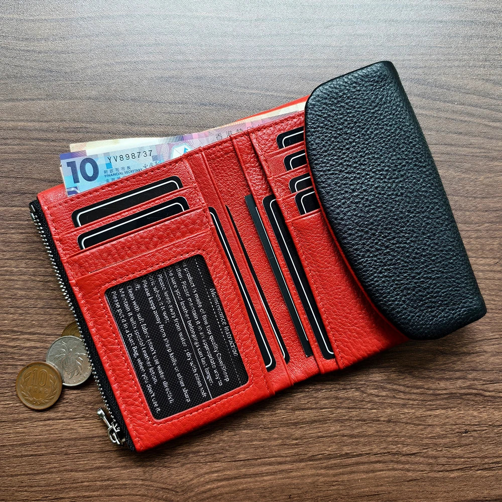 Trifold Genuine Leather Wallet for Women – Two-Tone Purse Organizer