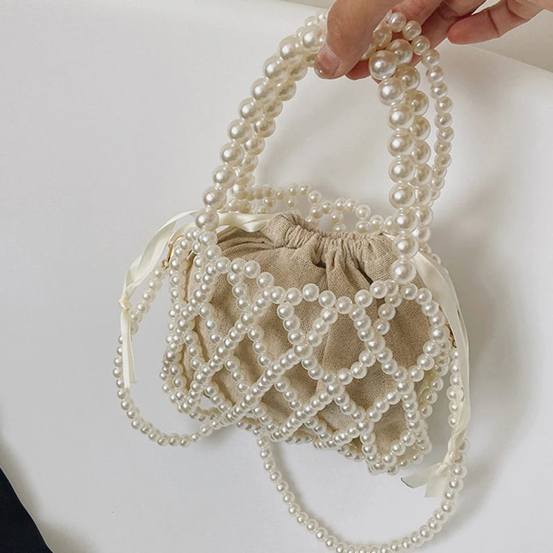Pearl Beaded Bucket Bag – French Retro Woven Handbag