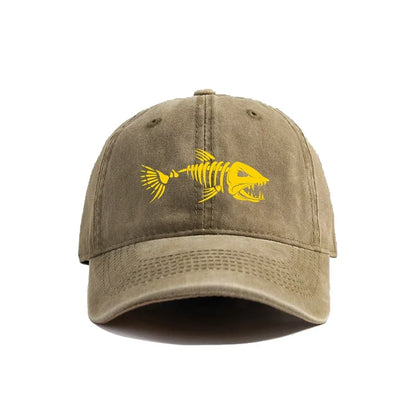 Fishbone Skeleton Baseball Cap – Distressed Dad Hat for Fishing