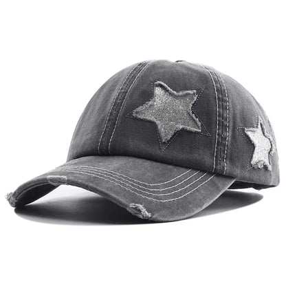 Ponytail Baseball Cap Star Patch Distressed Snapback Women Hat